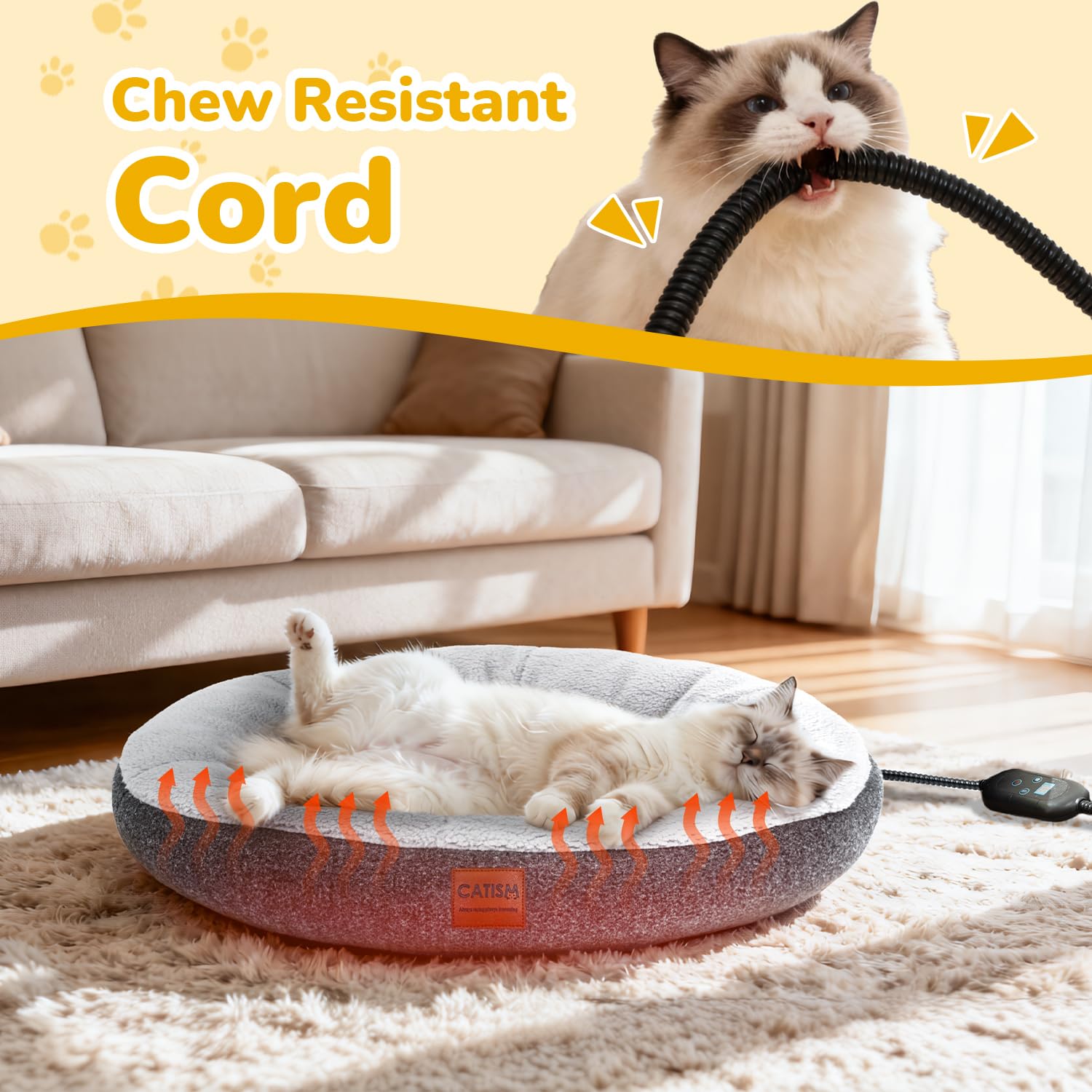 CATISM Cama gato con-temporizador permite calor controlado según horario de uso.