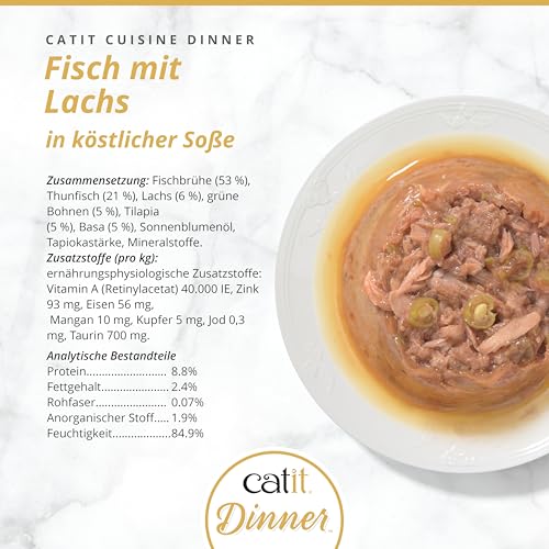 Catit alimento húmedo de salmón y judías verdes en salsa, textura doble para estimular el paladar.