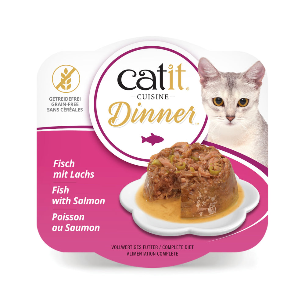 Catit cena de pescado con salmón y judías verdes, opción húmeda para hidratar la dieta.