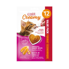 Catit Creamy en tubo, premio cremoso de pollo y camarón para gatos.