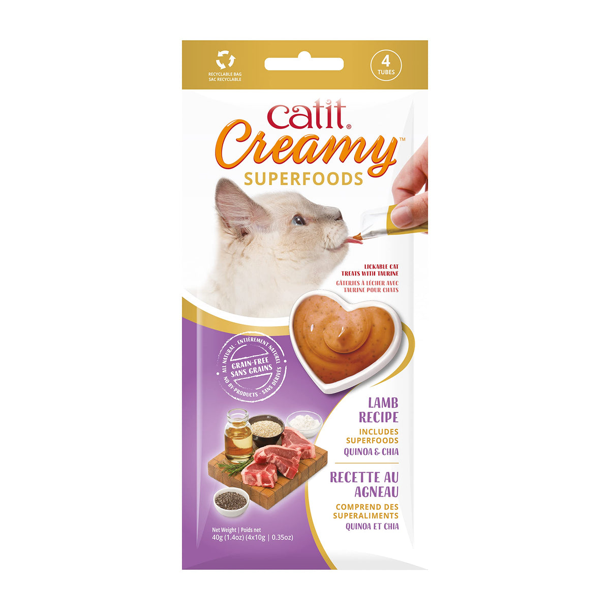 Catit Creamy Superfoods tubo cordero con quinoa, recompensa hidratante para gatos