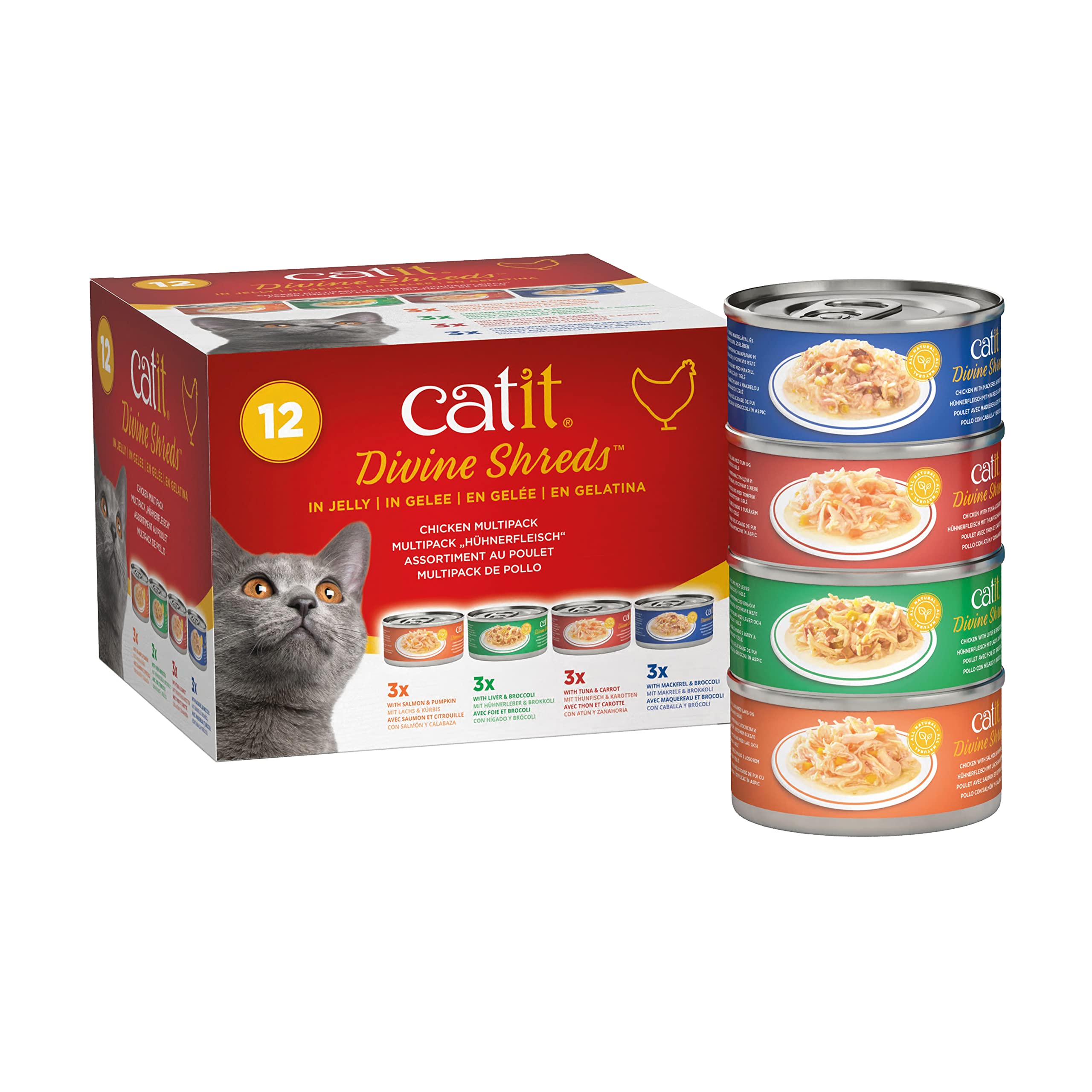 Catit Divine Shreds en gelatina con pollo, topper sabroso para hidratar el pienso de tu gato