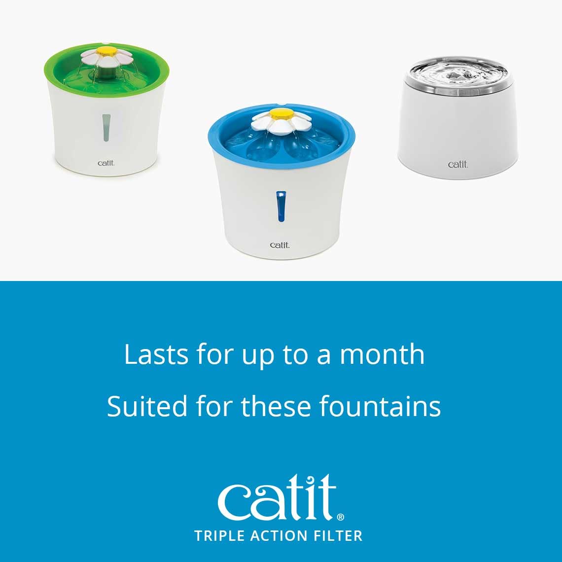 Filtros Catit para fuentes, diseño específico facilita instalación y mantenimiento.