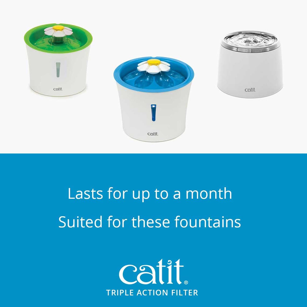 Filtros Catit para fuentes, diseño específico facilita instalación y mantenimiento.