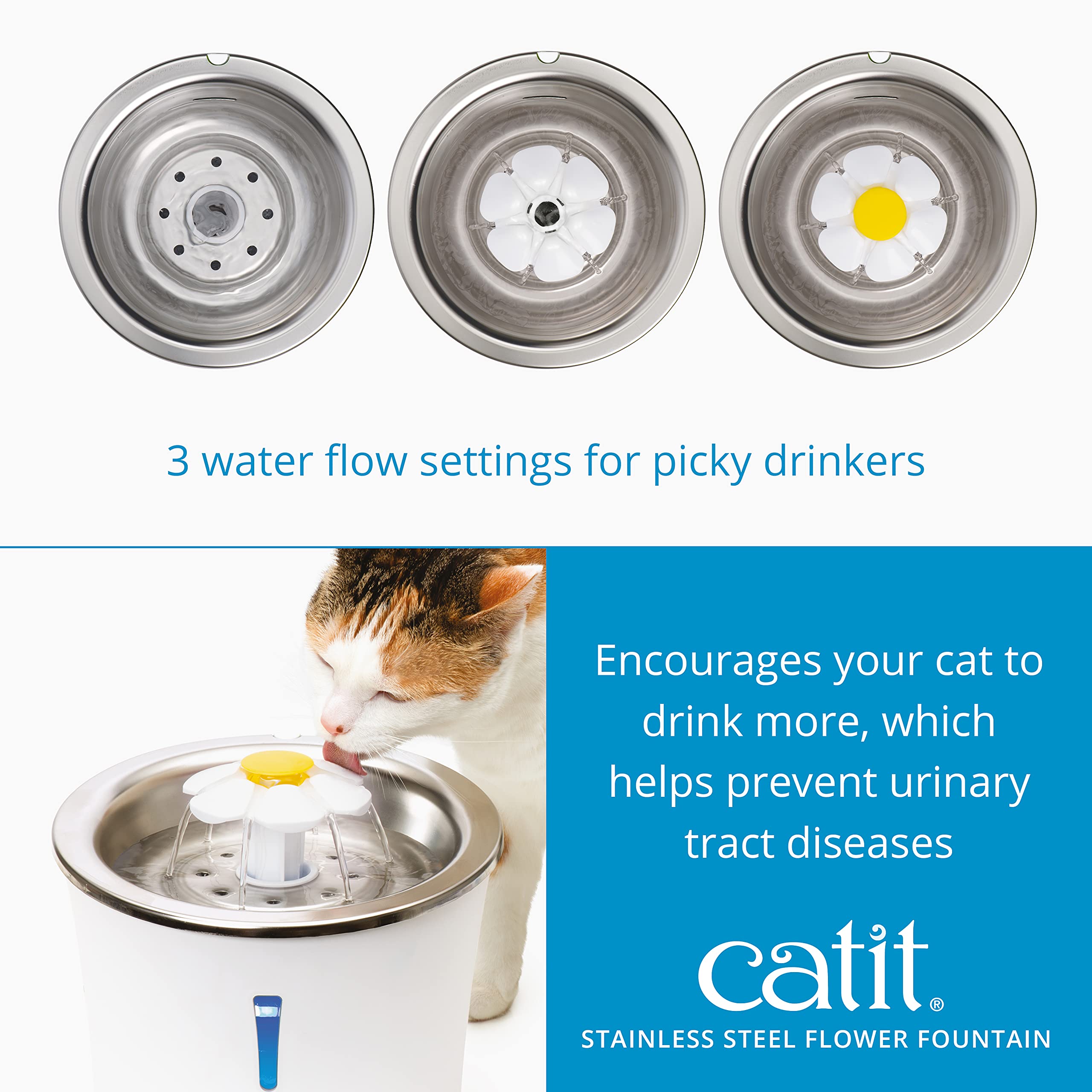 Catit Fuente Flor con capacidad de 3 litros para más agua.