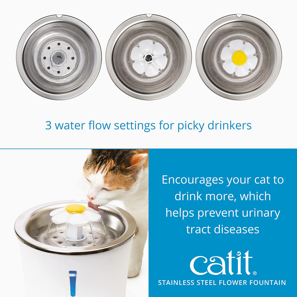 Catit Fuente Flor con capacidad de 3 litros para más agua.