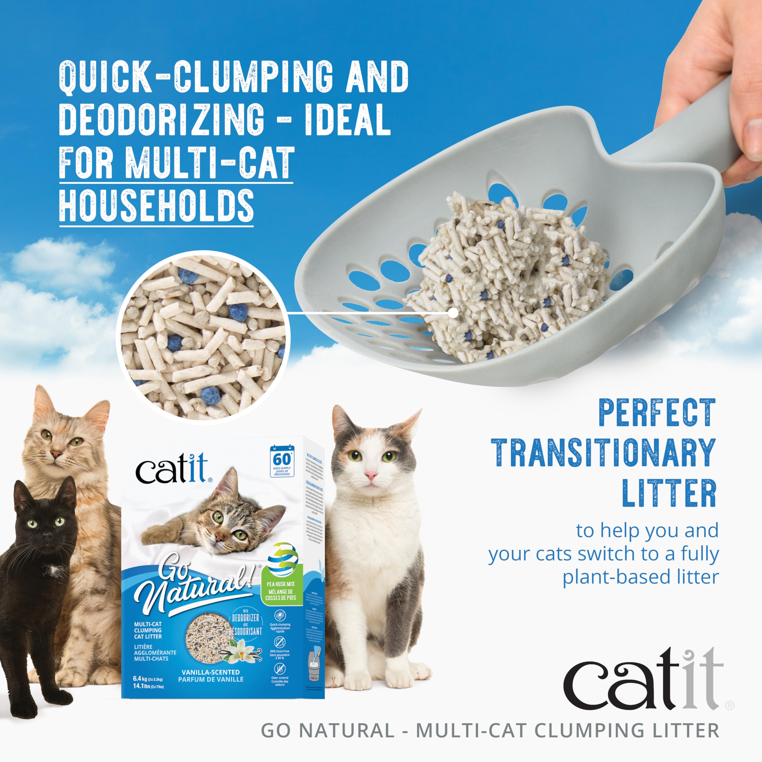 Catit Go Natural: acción de aglutinación rápida para limpieza eficiente de la caja.
