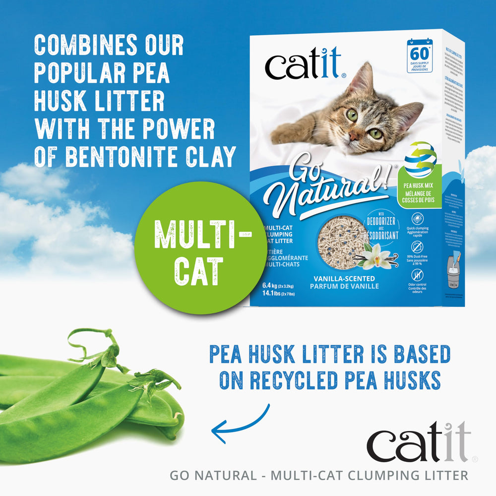 Catit Go Natural: granulos de cáscara de guisante con textura suave para limpieza fácil.