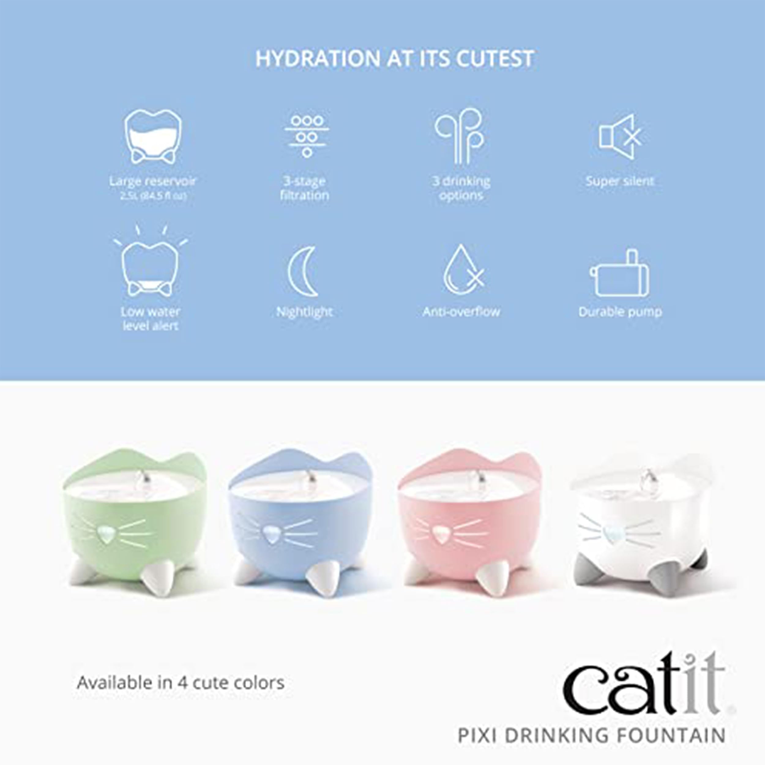 Catit PIXI flujo tranquilo ofrece una bebida suave para gatos selectivos.