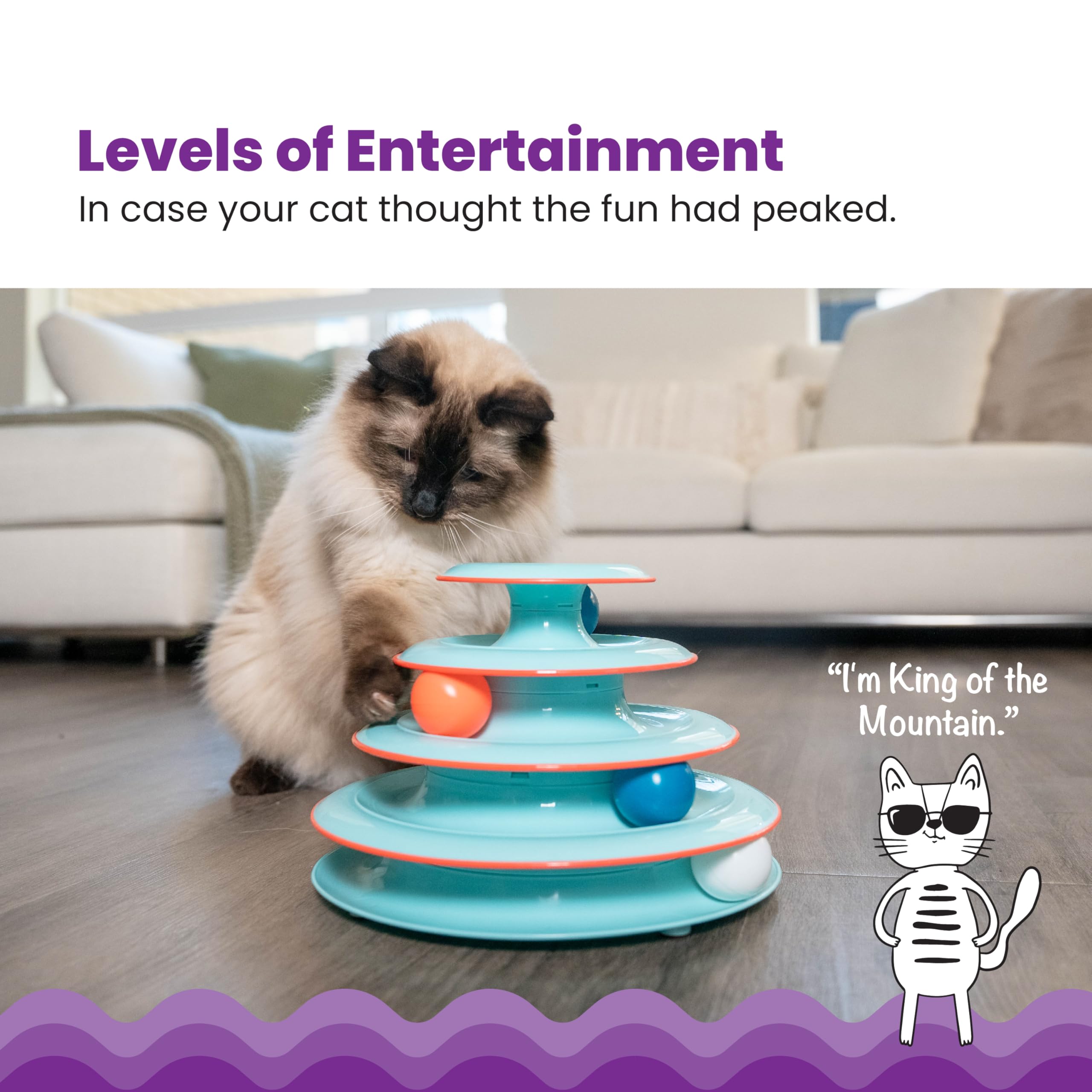 Catstages Chase Meowtain, bola giratoria en nivel 1, fomenta juego activo.