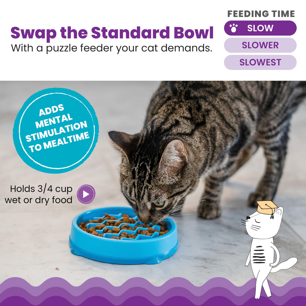Catstages Kitty Slow Feeder muestra diseño de puzzle para entretenimiento durante la comida