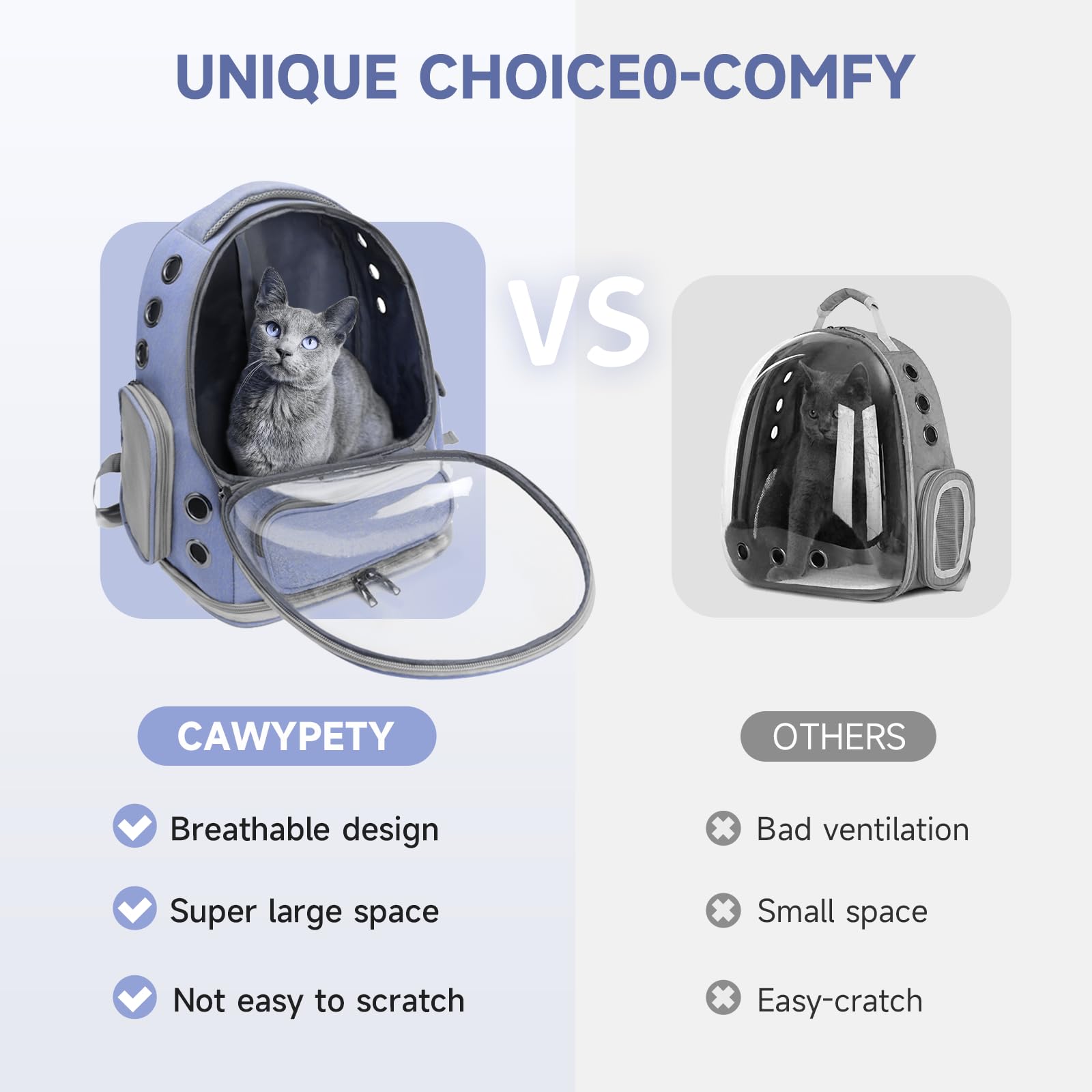 Mochila para gato Cawypety diseño cuadrado ofrece amplio espacio para moverse.