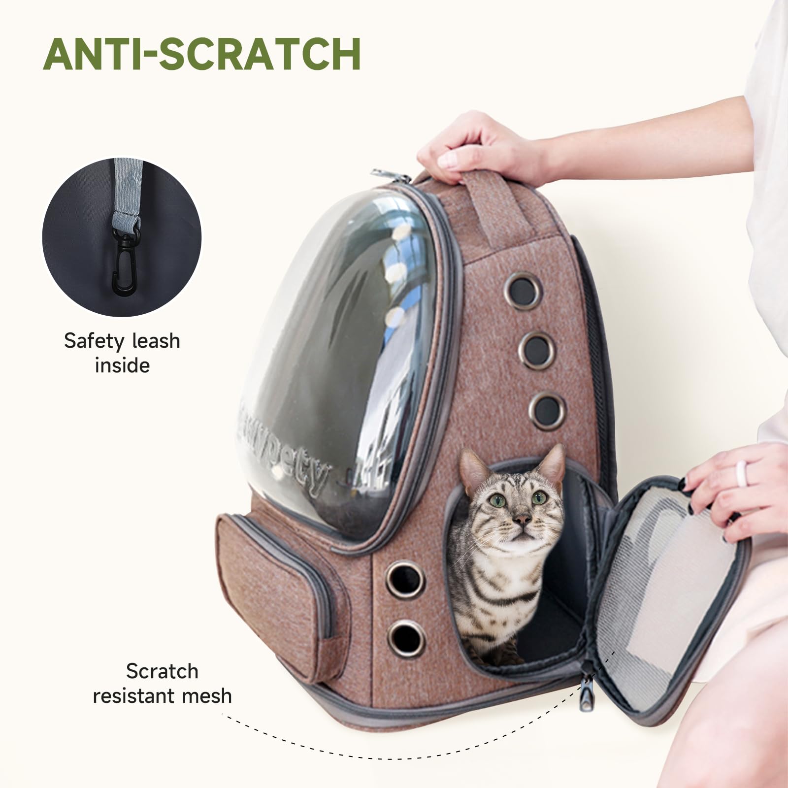 Protección anti-rayaduras en mochila Cawypety para gatos durante viajes