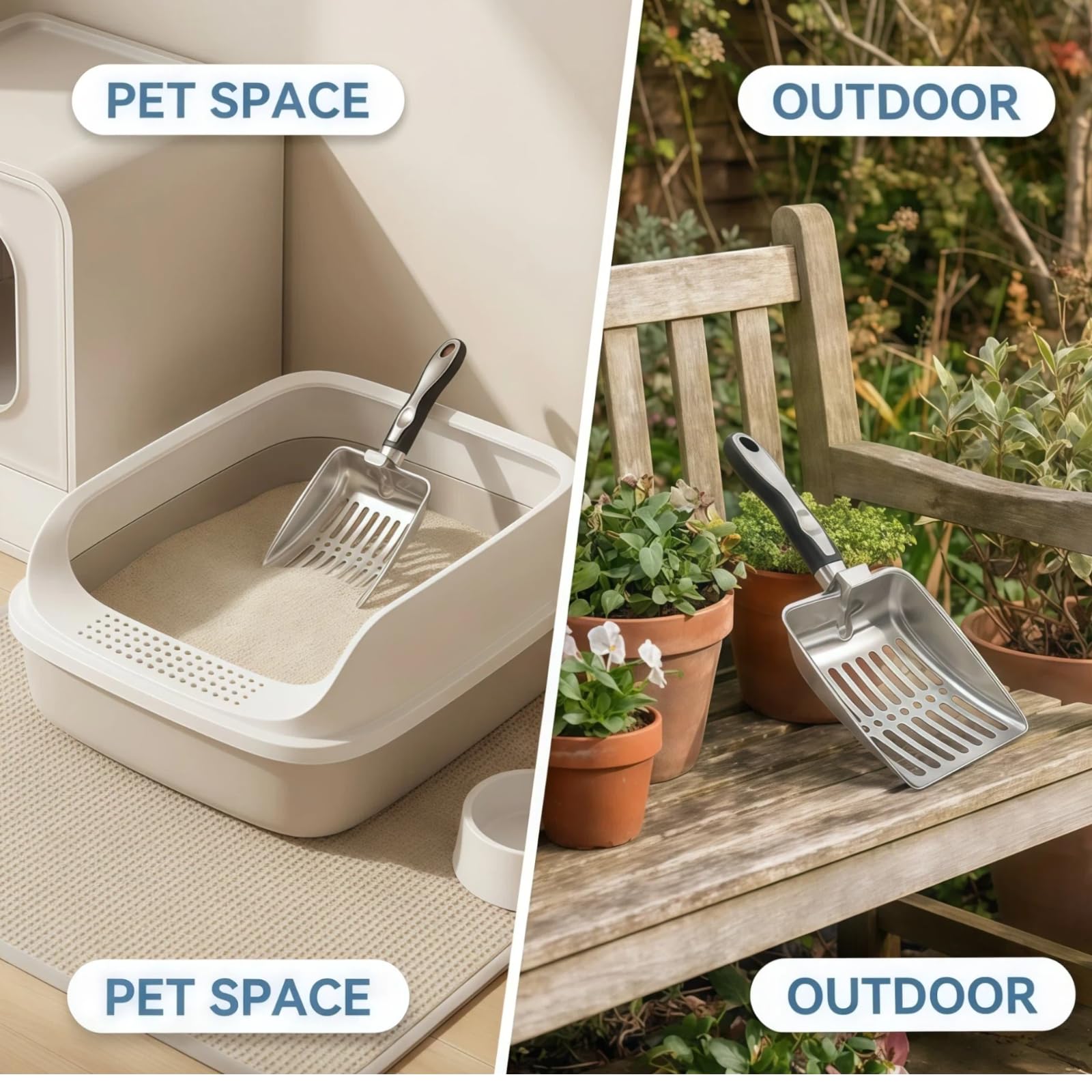 Diseño ergonómico en cazo de arena para gato, agarre cómodo