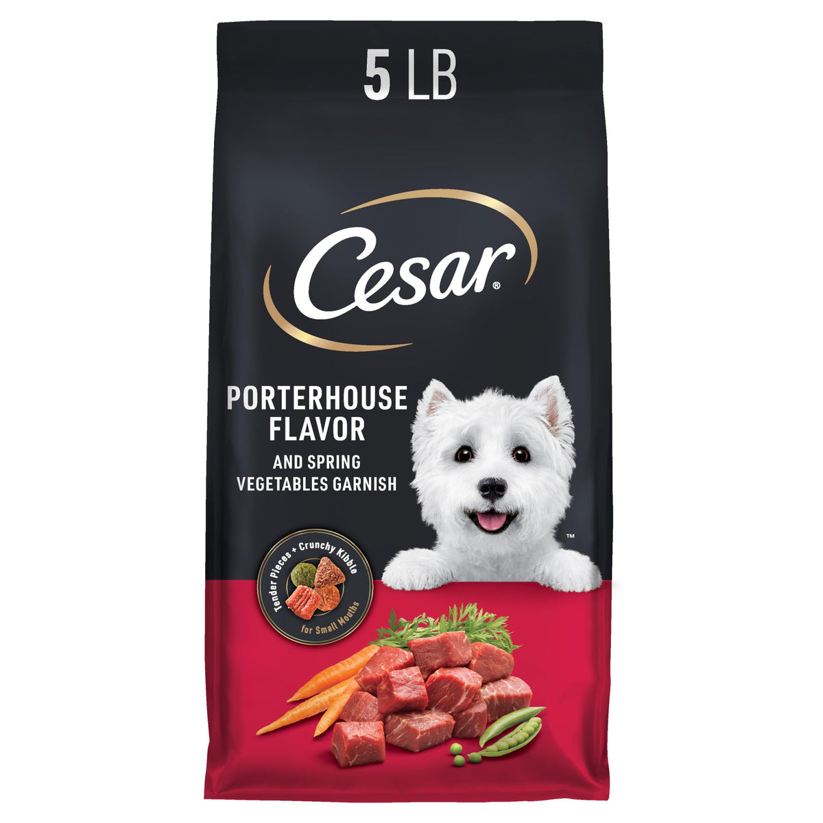 Cesar alimento seco para perros pequeños, bolsa porterhouse con verduras, sabor delicioso y práctico.