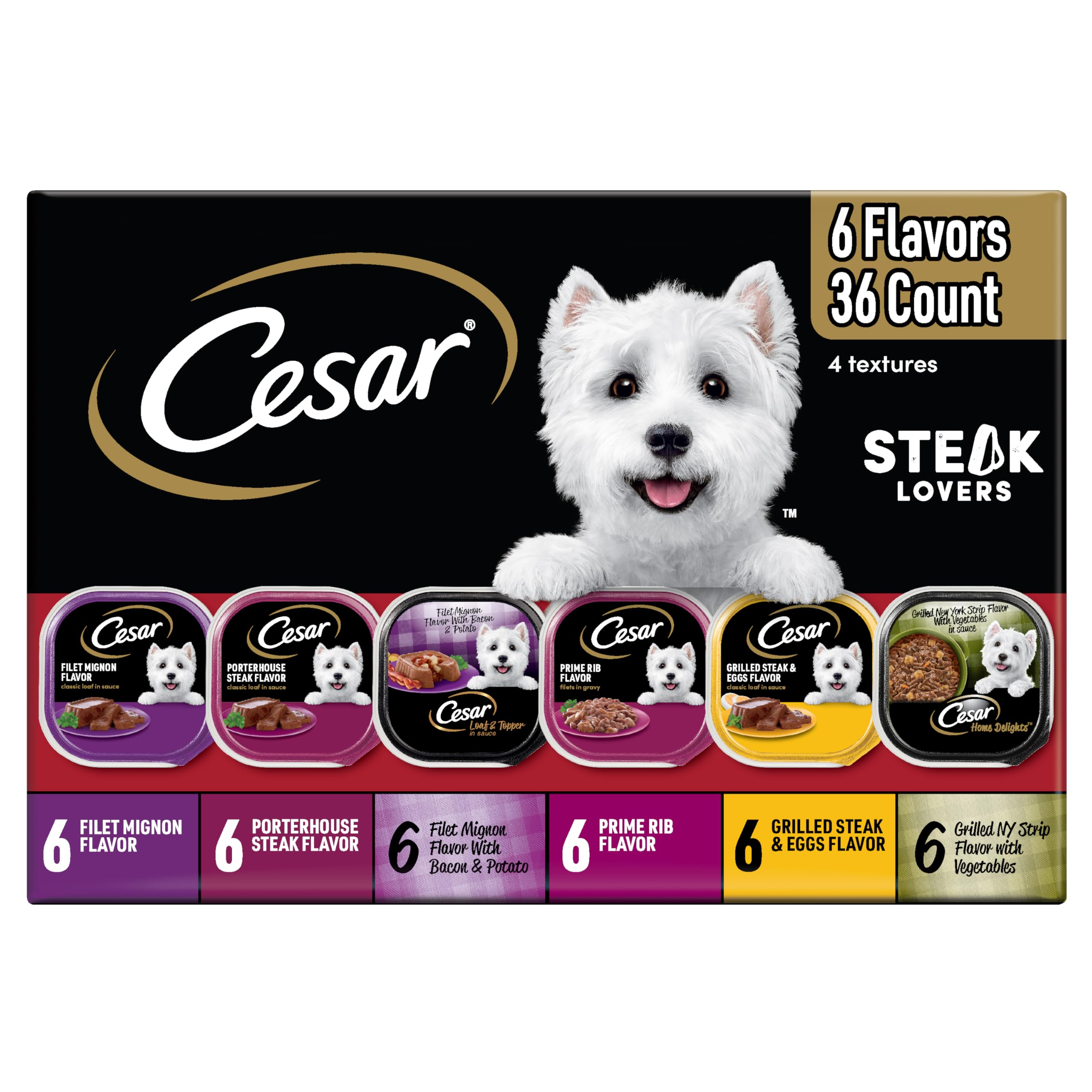 Cesar Filete Amantes: bandeja húmeda de alta proteína para perros adultos.