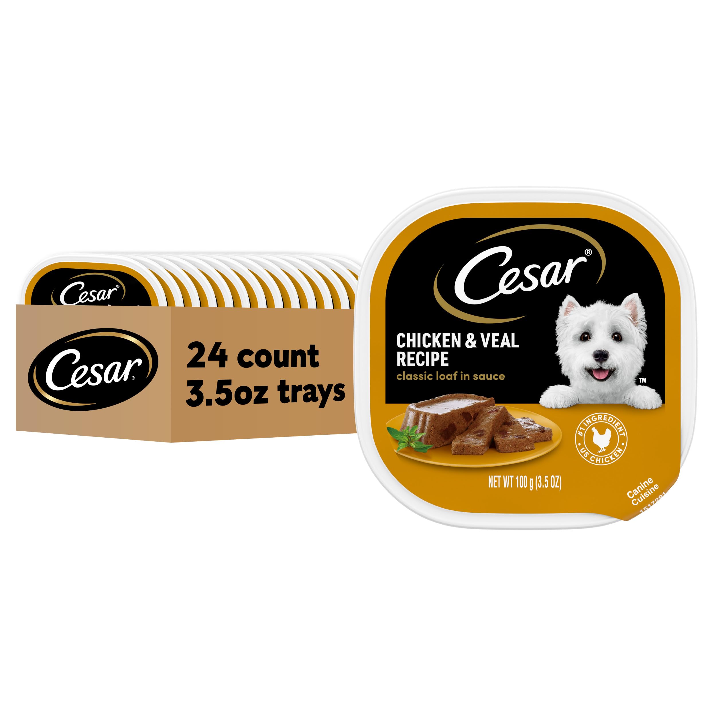Cesar Clásico Loaf en Salsa en bandeja de apertura fácil para perros adultos.