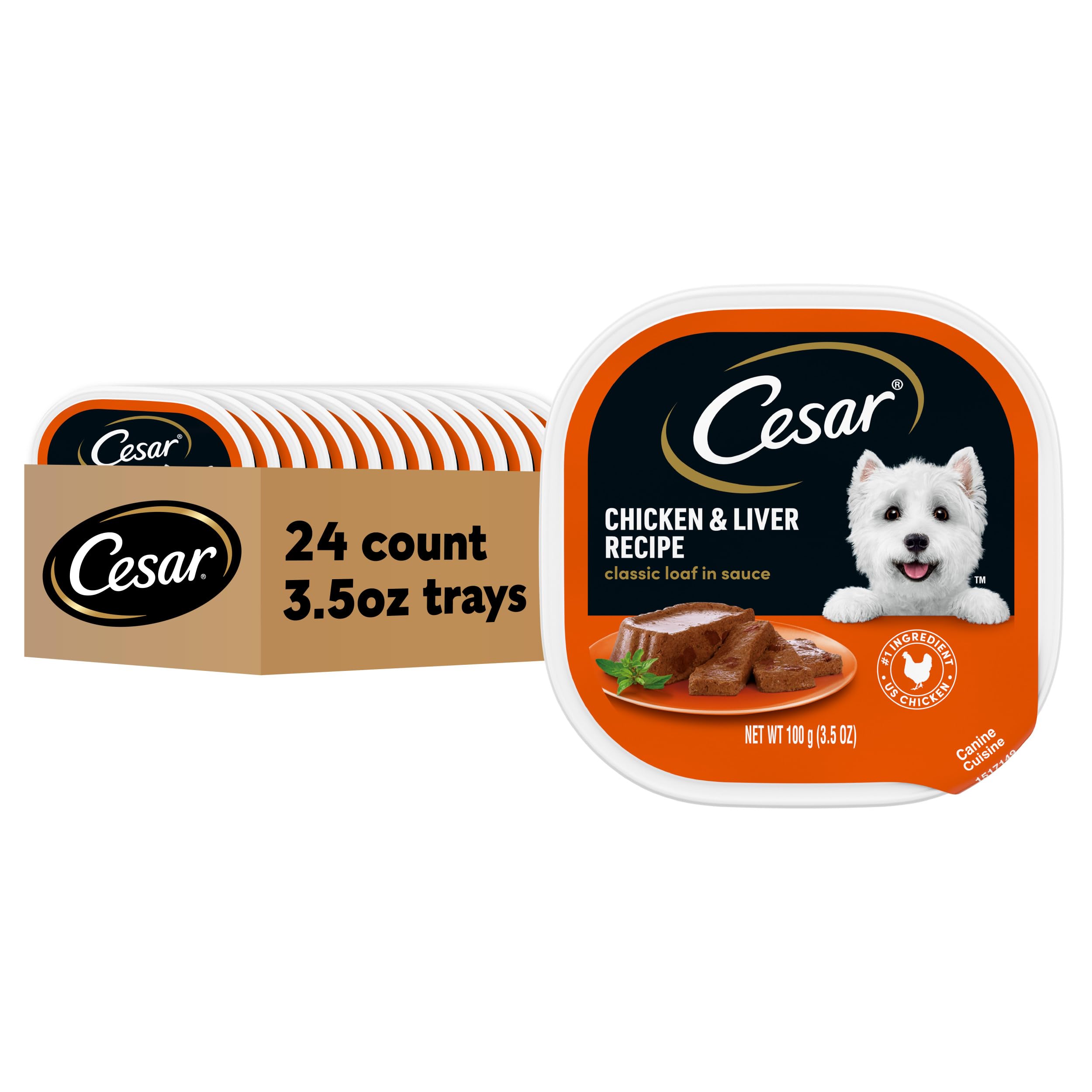 Cesar Classic Loaf en Salsa, bandeja 3-5oz, pollo e hígado, alimento completo para perros.