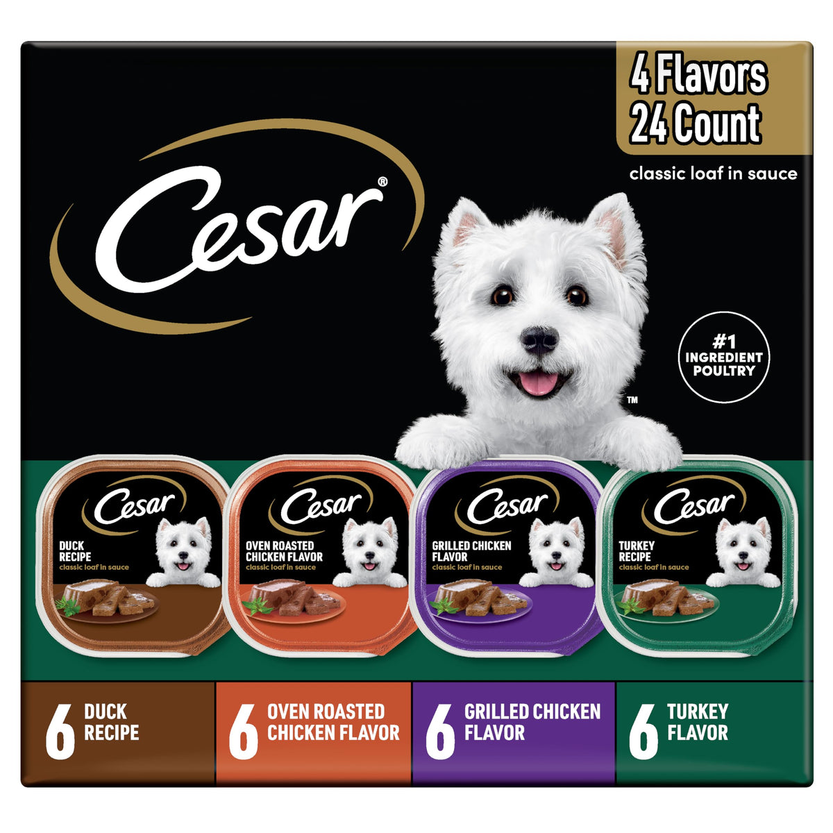Cesar comida humeda clasico loaf en salsa, textura jugosa para perro feliz