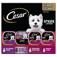 Cesar comida húmeda para perro adulto en bandeja; carne real como ingrediente principal.