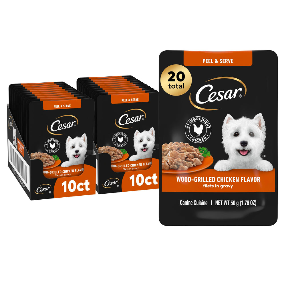 Cesar Filetes en Salsa Pollo Parrilla, mini sobre; sabor sabroso para perros adultos.