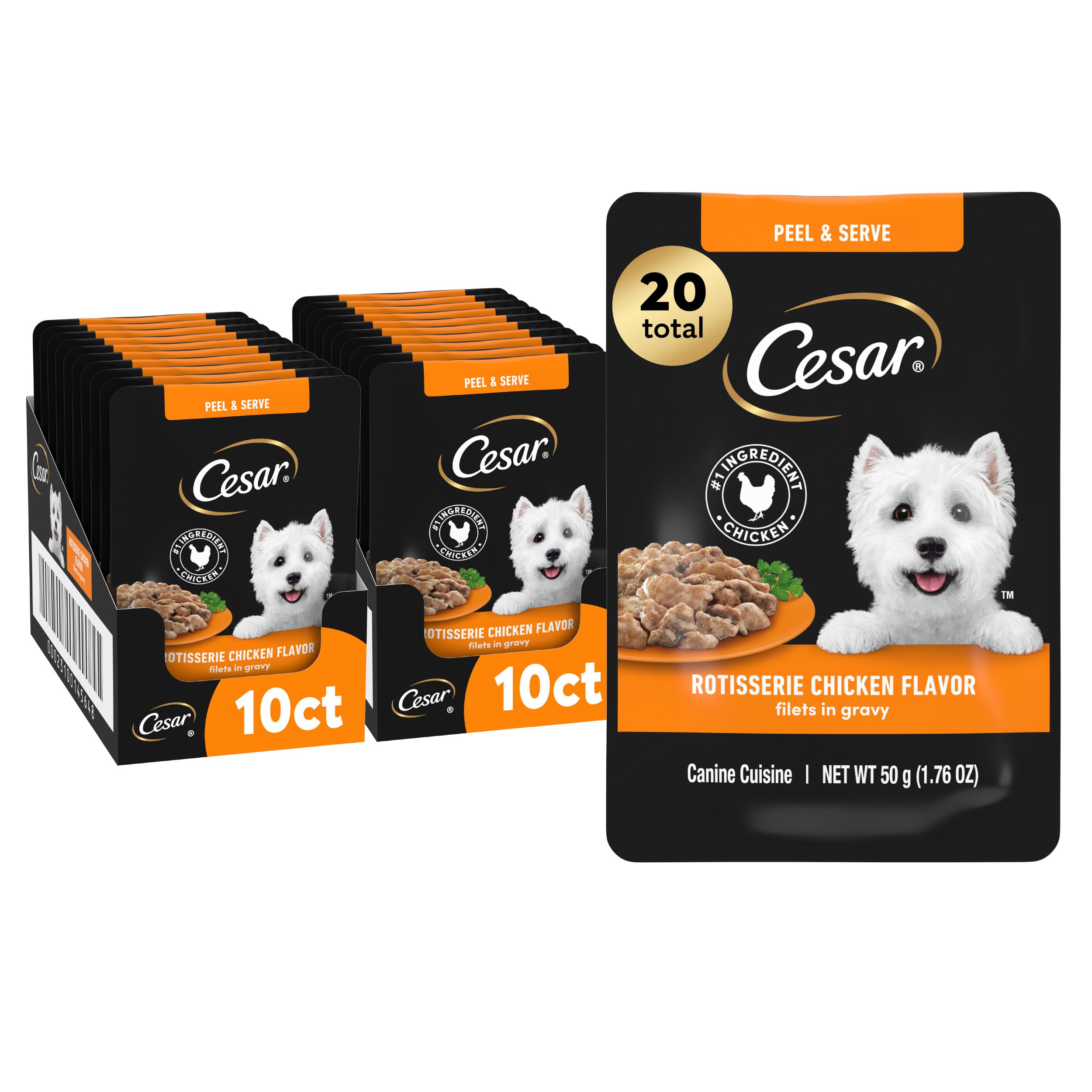 Cesar Filetes en salsa pollo rostizado, alimento completo para perros adultos.