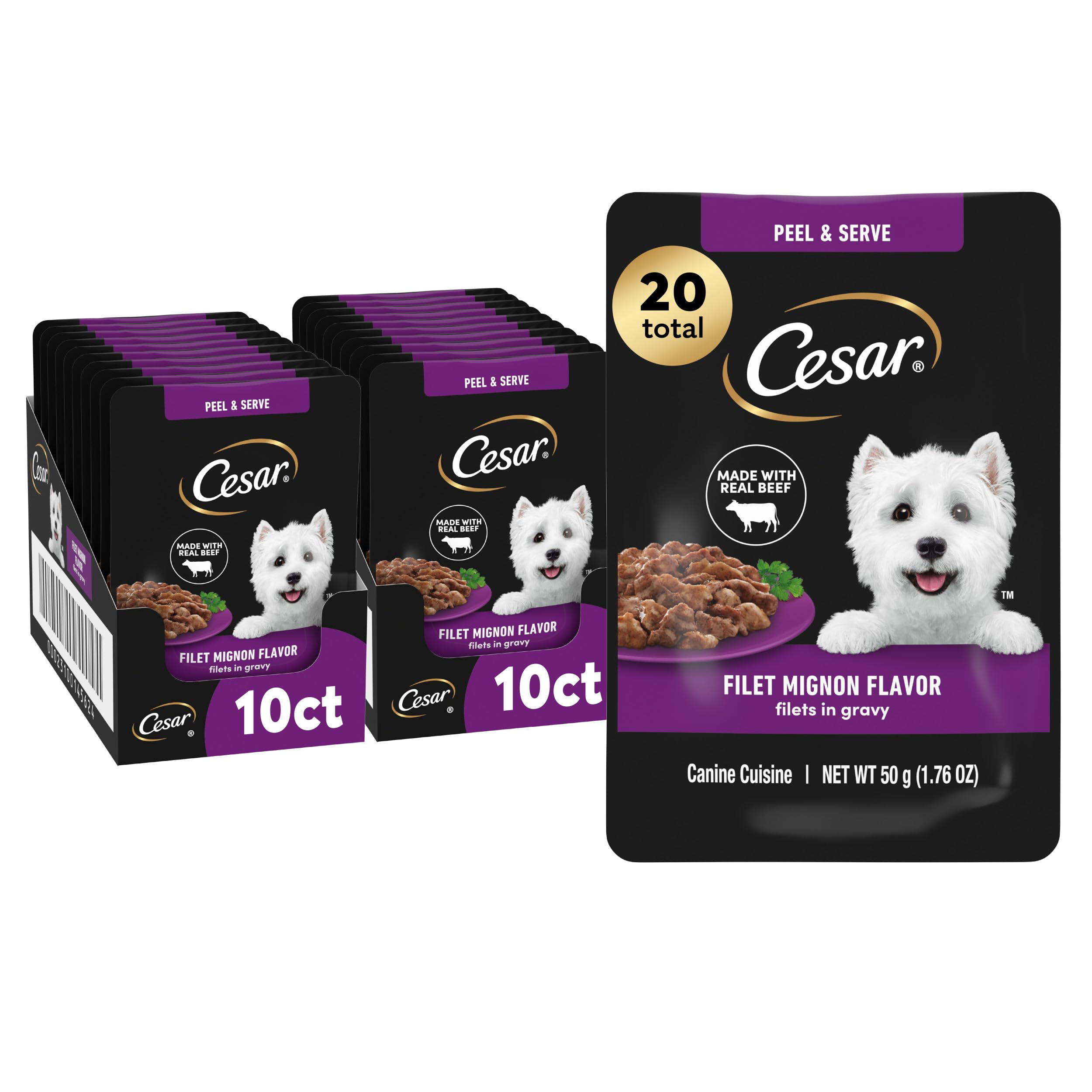 Cesar Filets in Gravy: presentación del producto en bolsas mini para servir fácilmente.