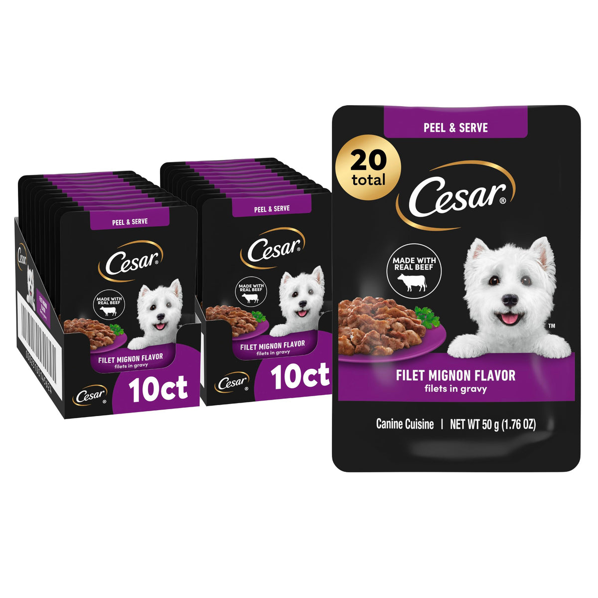 Cesar Filets in Gravy: presentación del producto en bolsas mini para servir fácilmente.