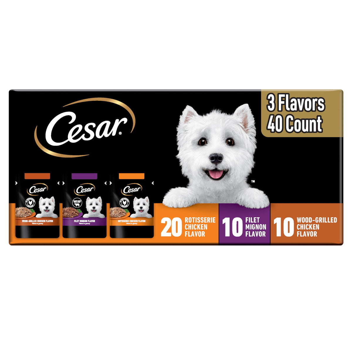 Cesar Filets en Salsa Rotisserie Pollo: comida húmeda rápida para el almuerzo de tu perro.