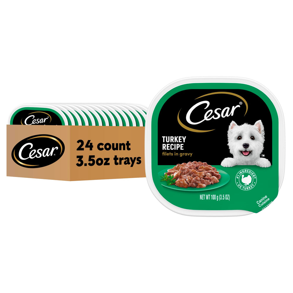 Cesar Filets en Salsa de Pavo en Bandeja, fácil de servir para perros.