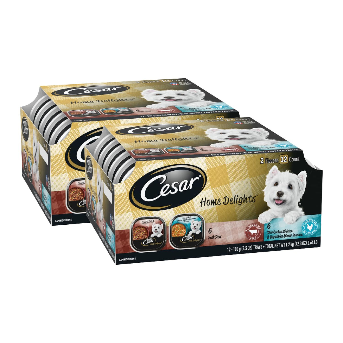 Cesar Home Delights muestra bandeja con pollo y verduras en salsa, ideal como comida principal sabrosa.