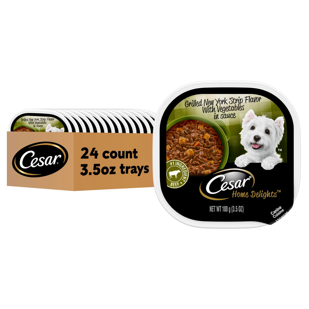 Cesar Home Delights res grillado entrefor Nueva York con verduras en salsa, sabor jugoso para perros.