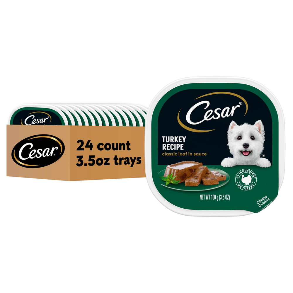 Cesar pastel en salsa para perros, bandeja abriéndose para servir, práctica para dueños ocupados
