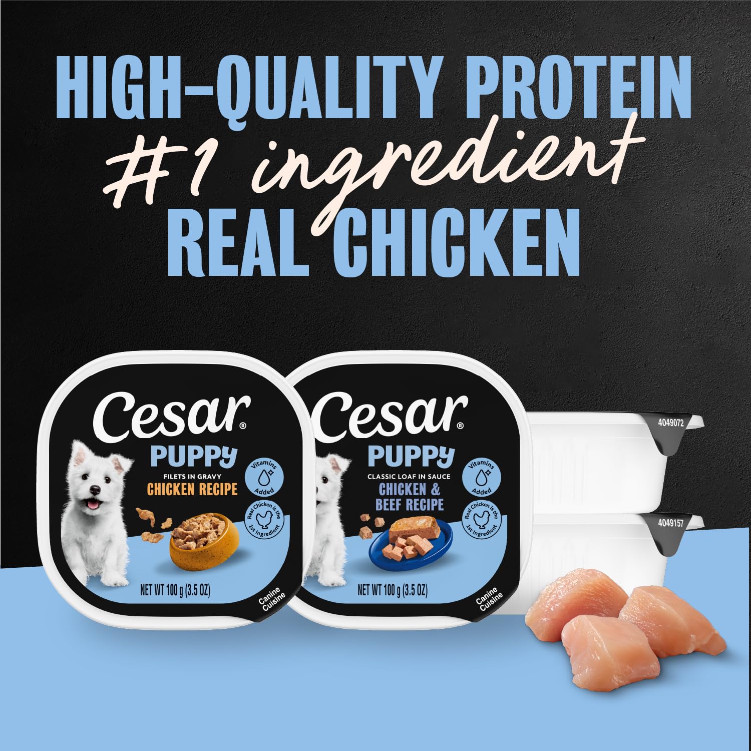 Cesar para cachorros: bandeja pelado fácil filetes jugosos, ideal para comidas diarias.