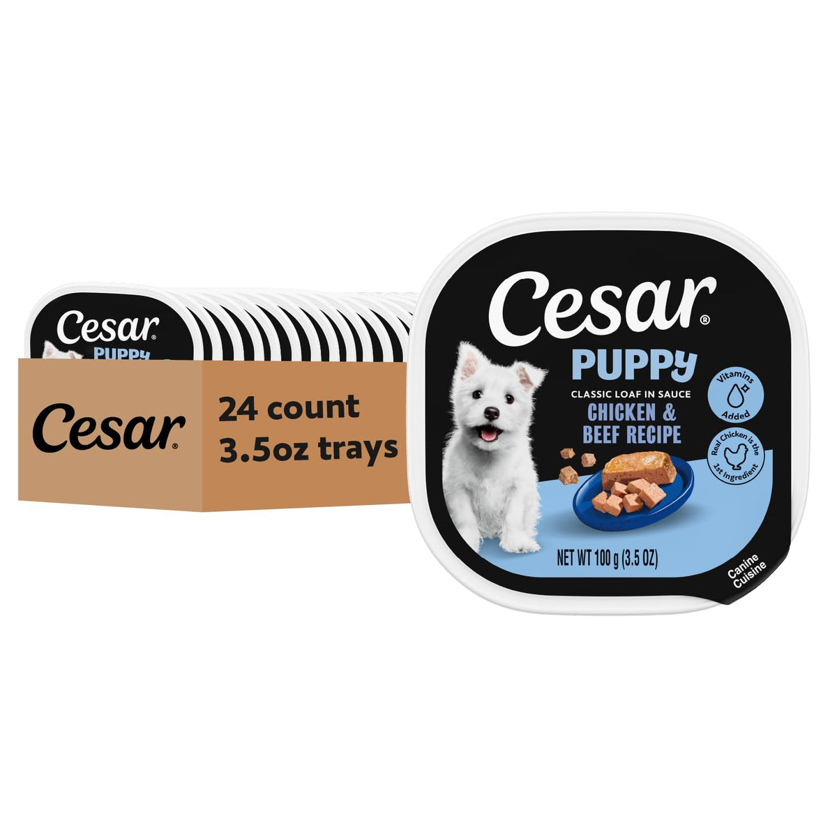 Cesar para cachorros Pastel en Salsa, pollo como ingrediente principal.