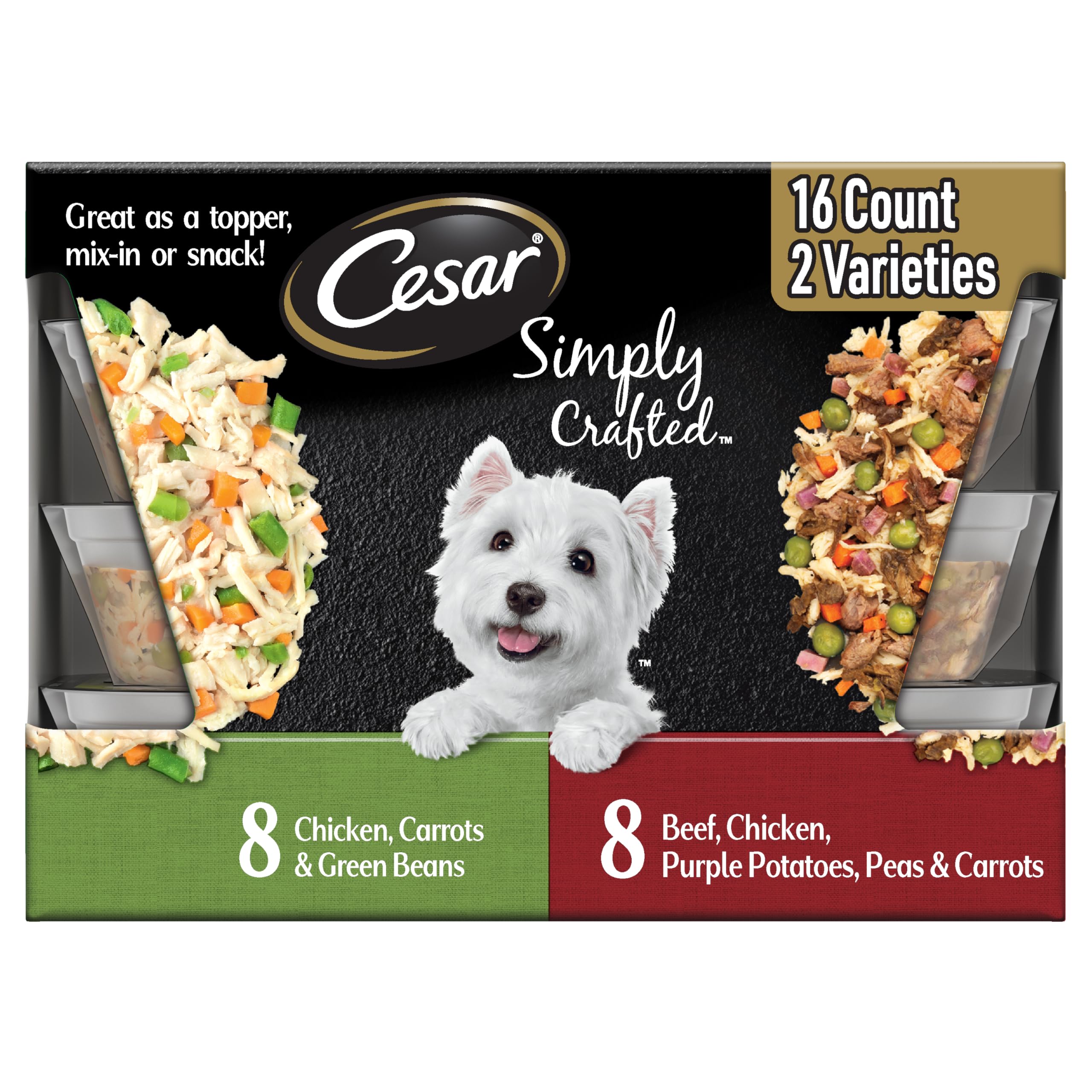Cesar Simplemente Elaborado topper de pollo con zanahorias y judías verdes para mezclar
