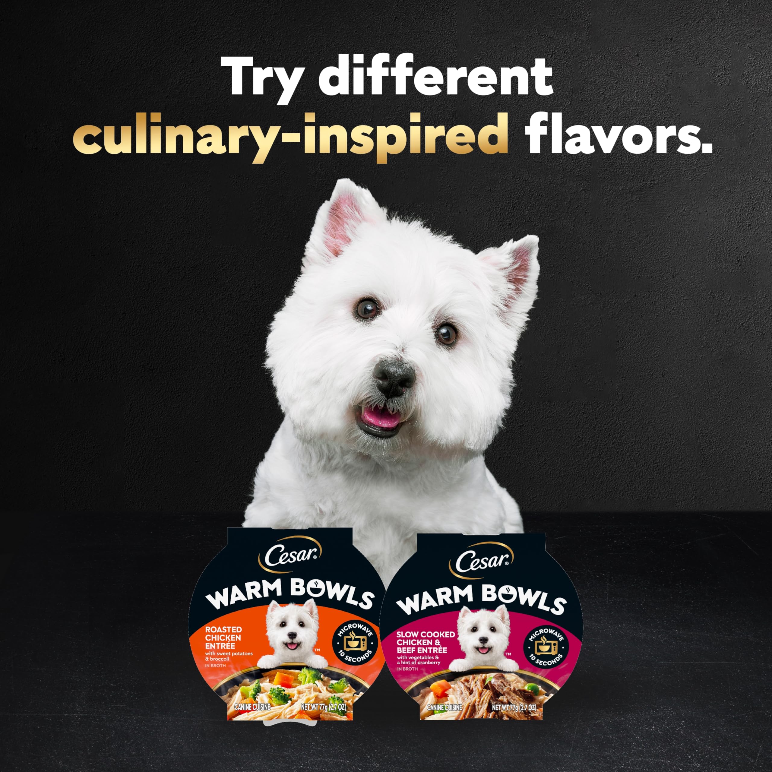 Cesar Tazones Calientes: nutrición completa para perros adultos con balance de proteínas.