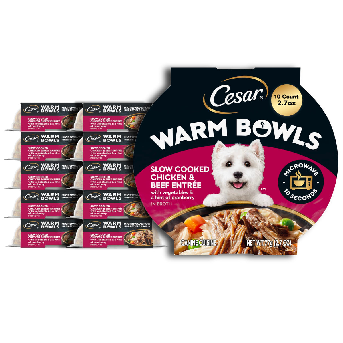 Cesar Tazones Calientes: pollo y res con vegetales en caldo, porción ideal para perros.