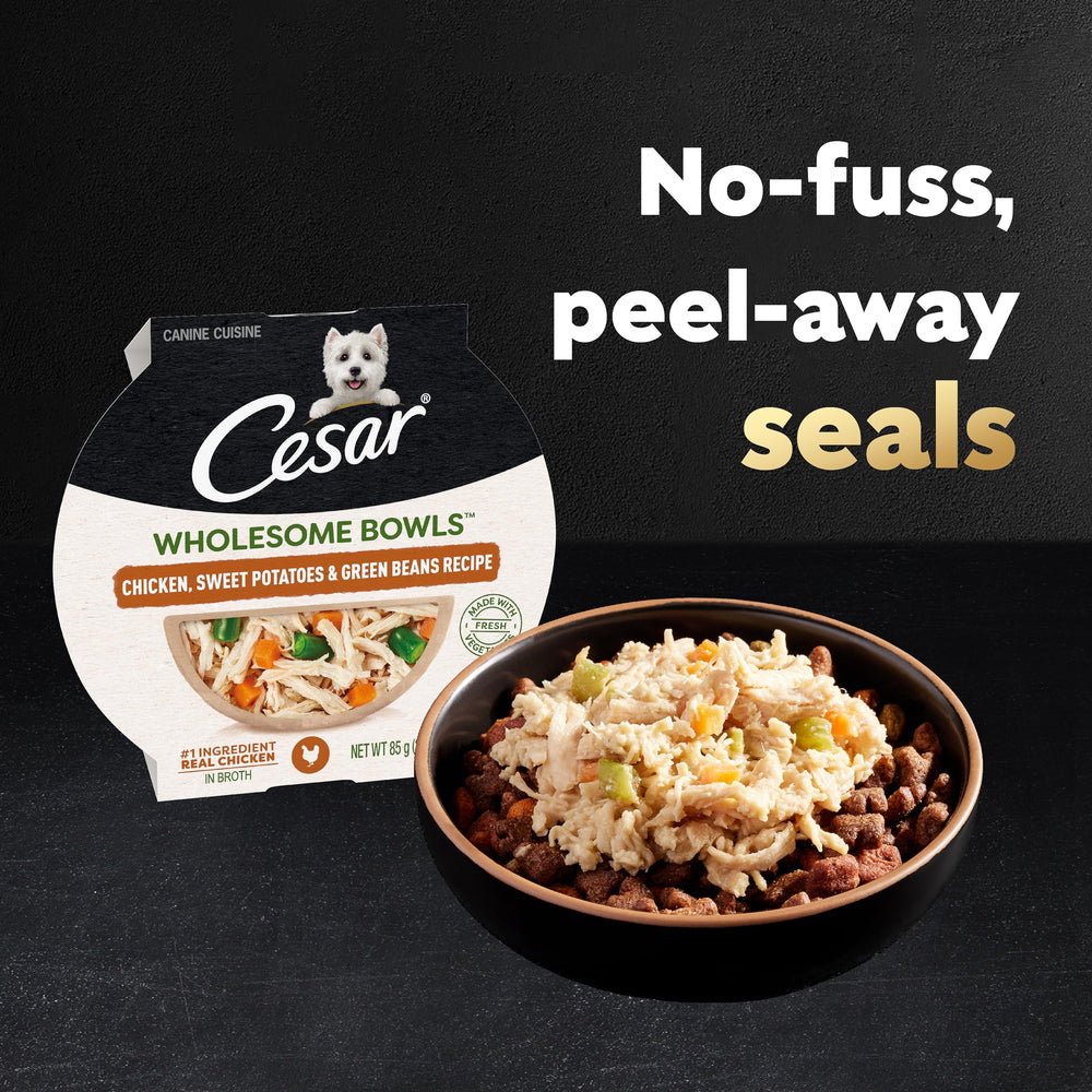 Cesar Wholesome Bowls empaque de seis porciones, práctico y listo para consumir.