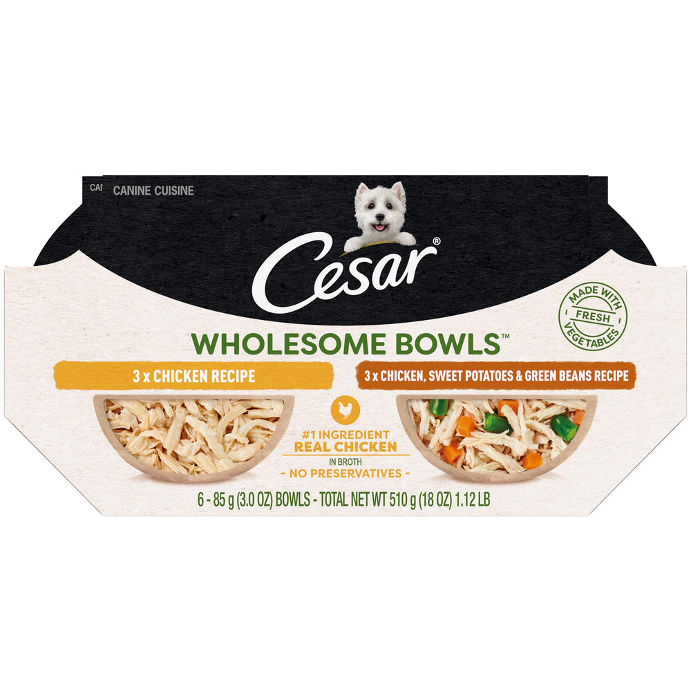Cesar Wholesome Bowls para perros adultos con pollo real, ingrediente principal de calidad.