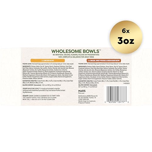 Cesar Wholesome Bowls pollo-batata-judias, sabor suave y proteínas para la energía diaria.
