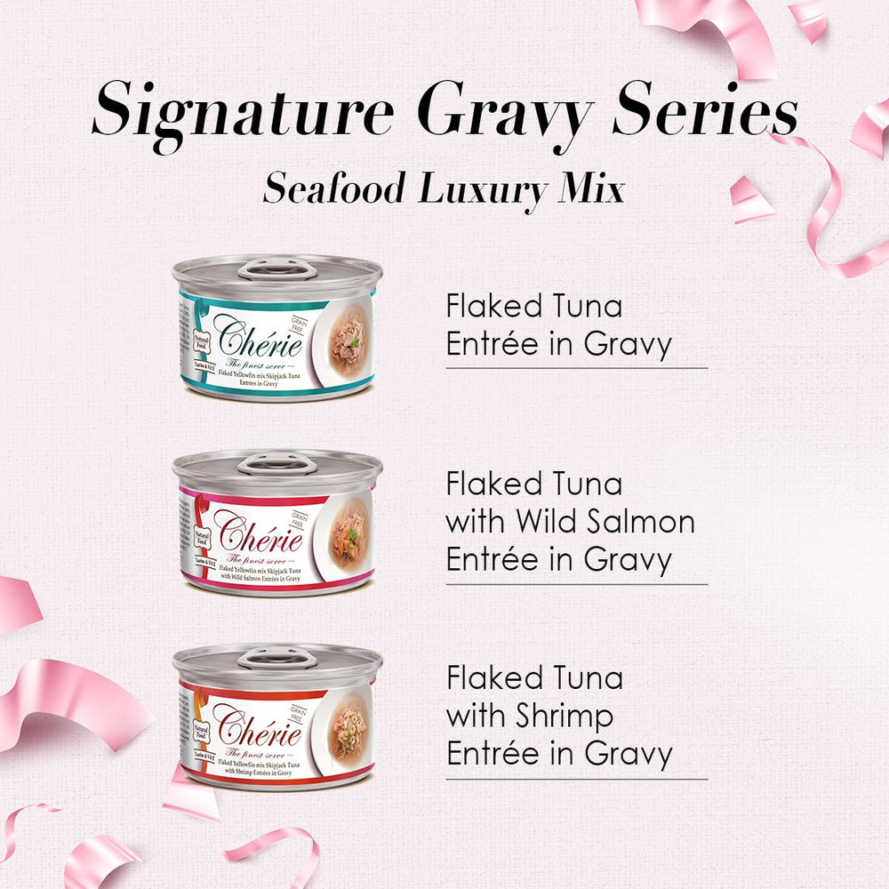 CHÉRIE: trozos de atún y salmón en salsa en lata, sabor premium.