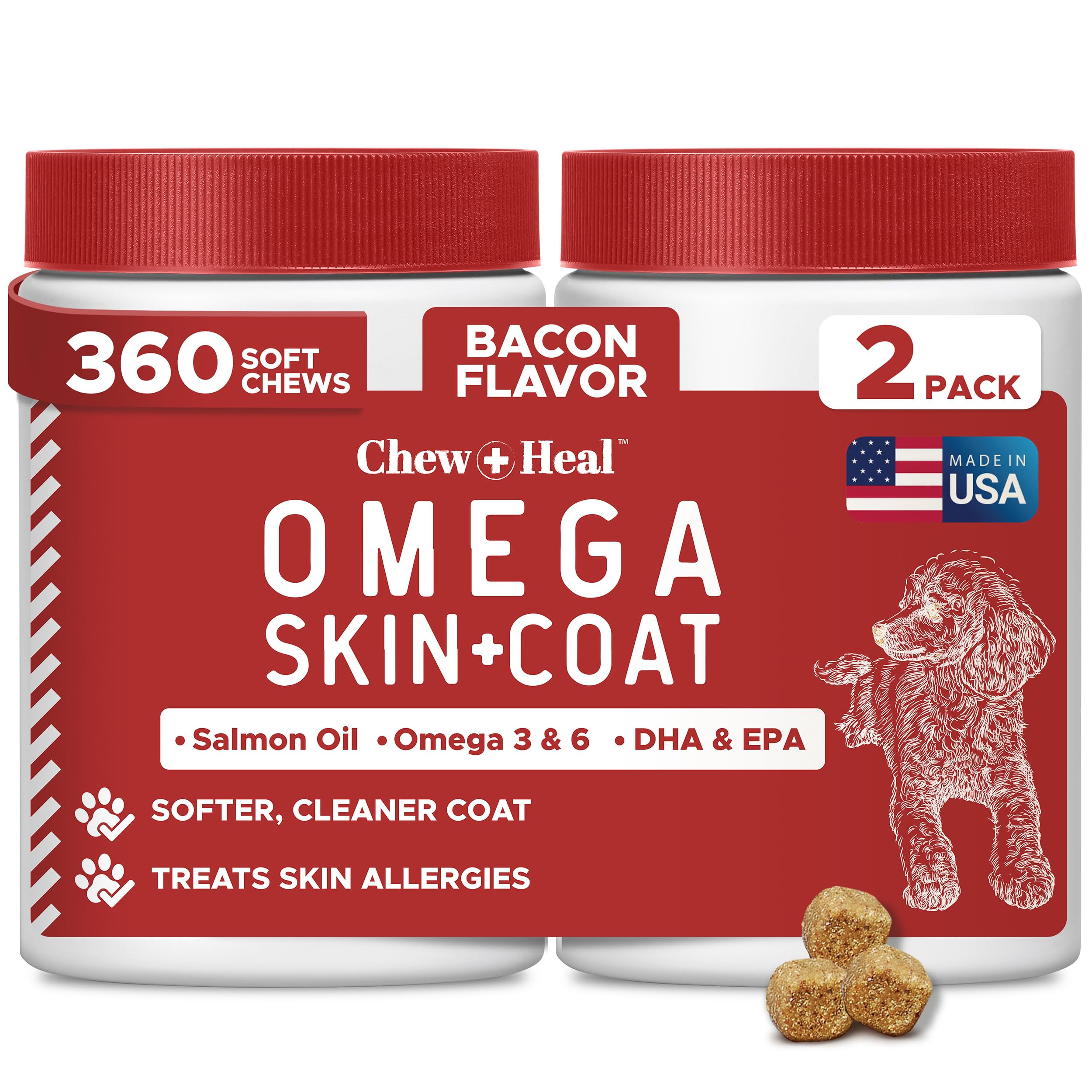 Chew + Heal Labs bocaditos omega, piel y pelaje saludables para perros.