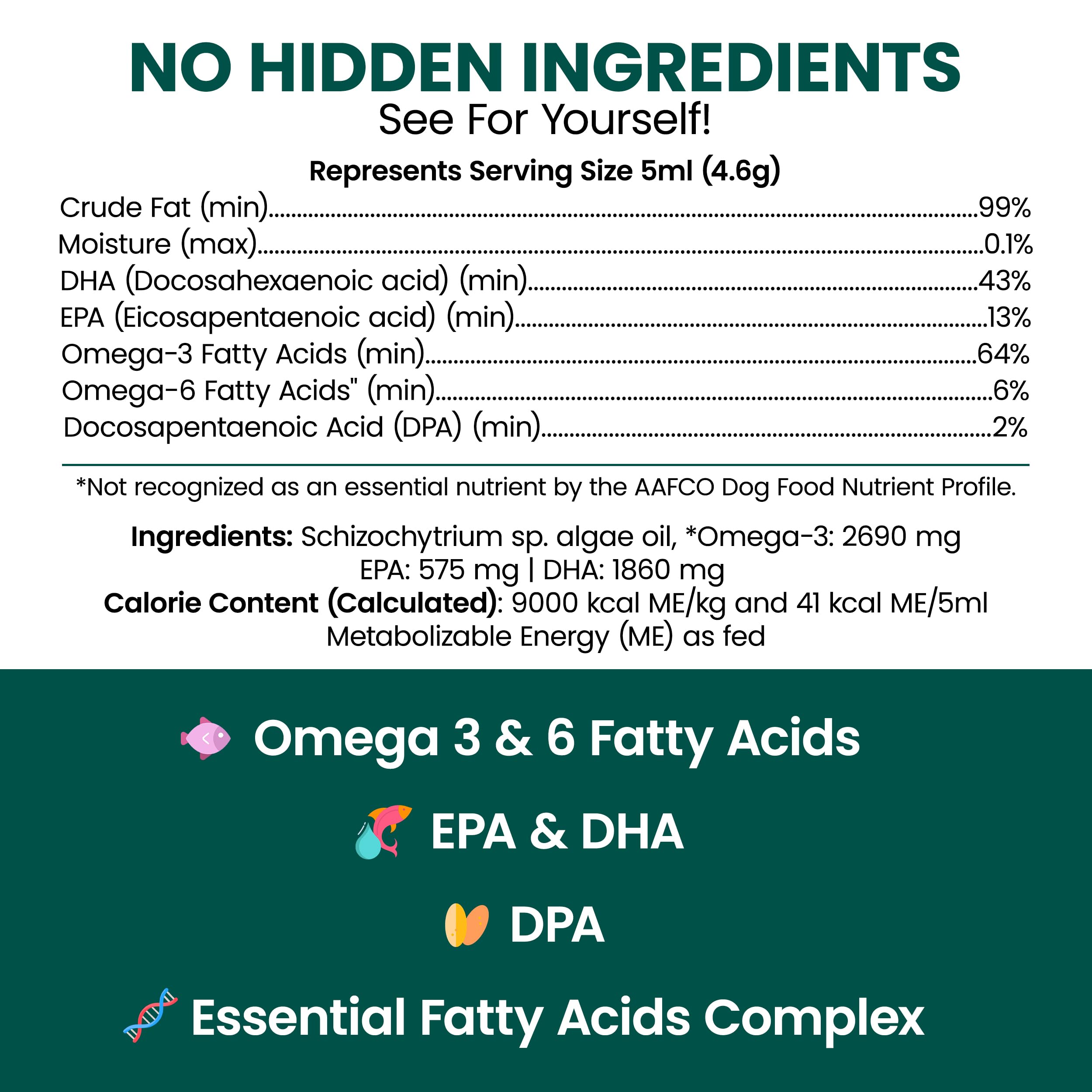 Chew + Heal Labs etiqueta destaca omega-3 vegano para piel y pelaje saludables.