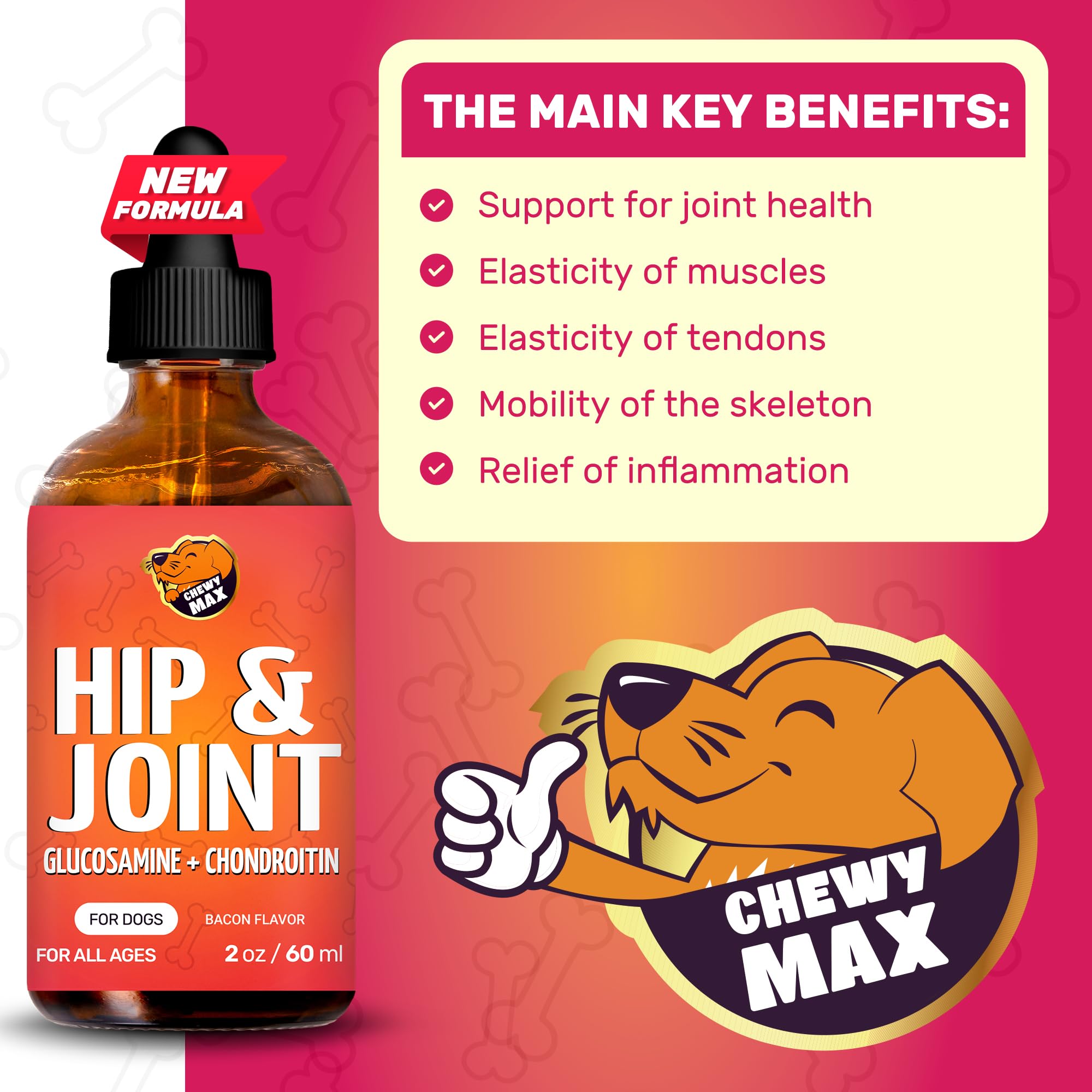 Chewy Max Glucosamina para perros, contiene glucosamina y condroitina para apoyo articular.