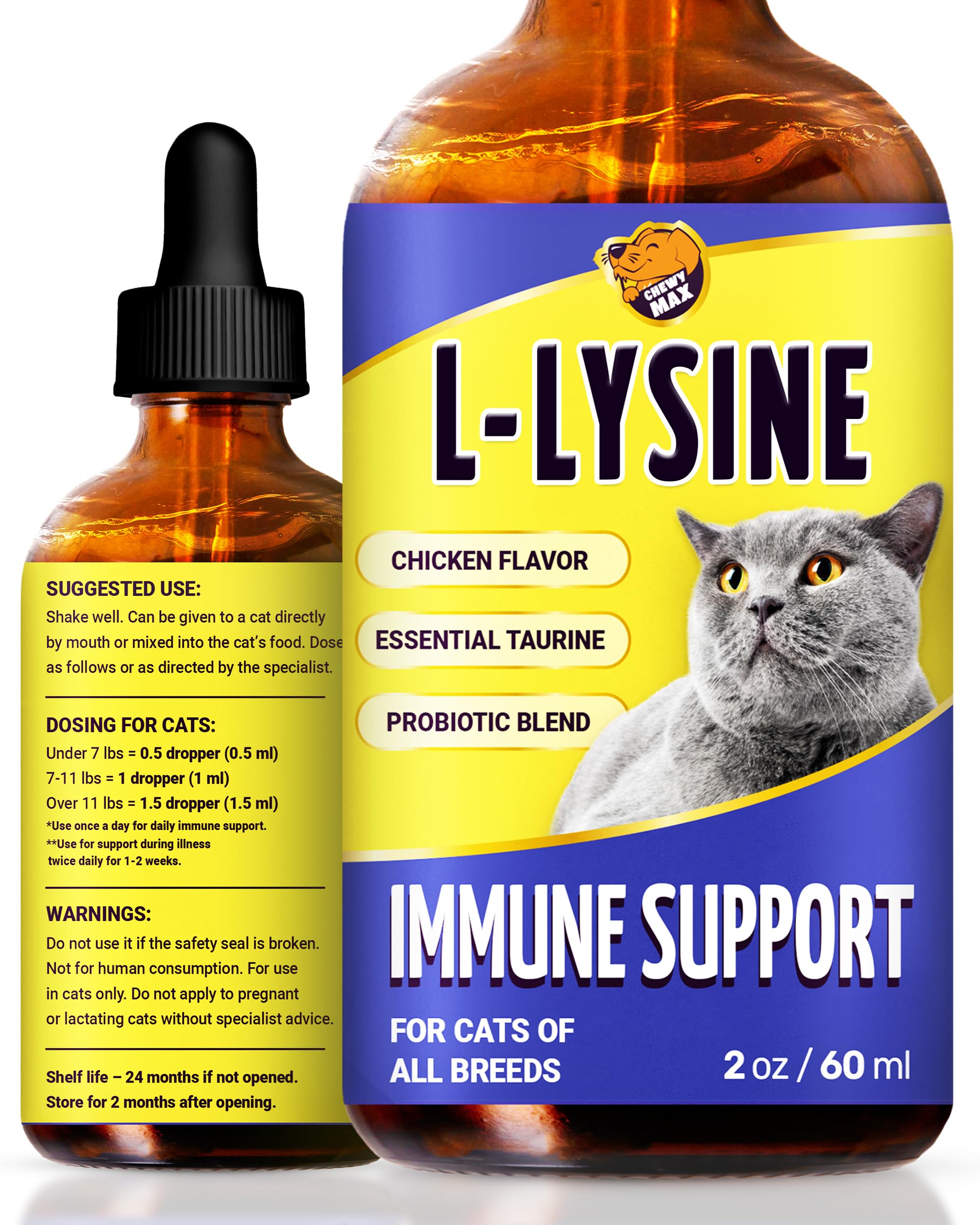 Chewy Max L-Lisina para gatos, botella, apoyo suave para vías respiratorias.