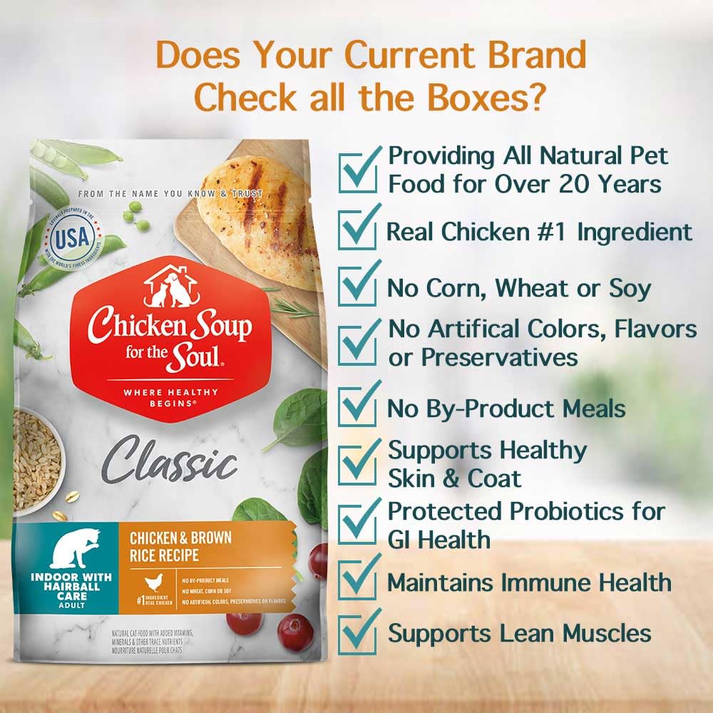 Chicken Soup for the Soul para gatos de interior: fibra prebiótica y fibra insoluble para la digestión.