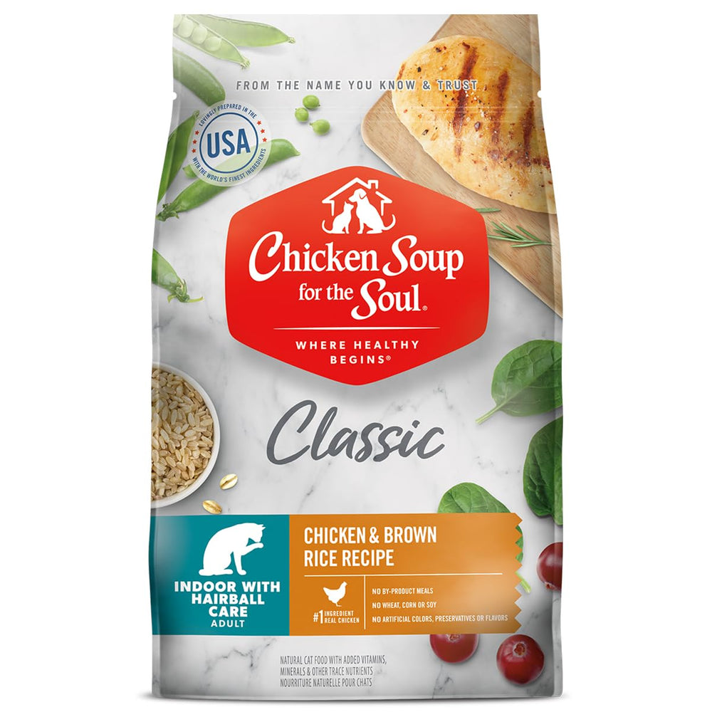 Chicken Soup for the Soul para gatos de interior: primer ingrediente carne real para una comida sabrosa.
