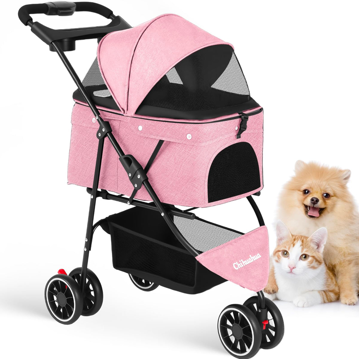 Paseador de mascotas Chihuahua con tres ruedas en rosa para paseos suaves