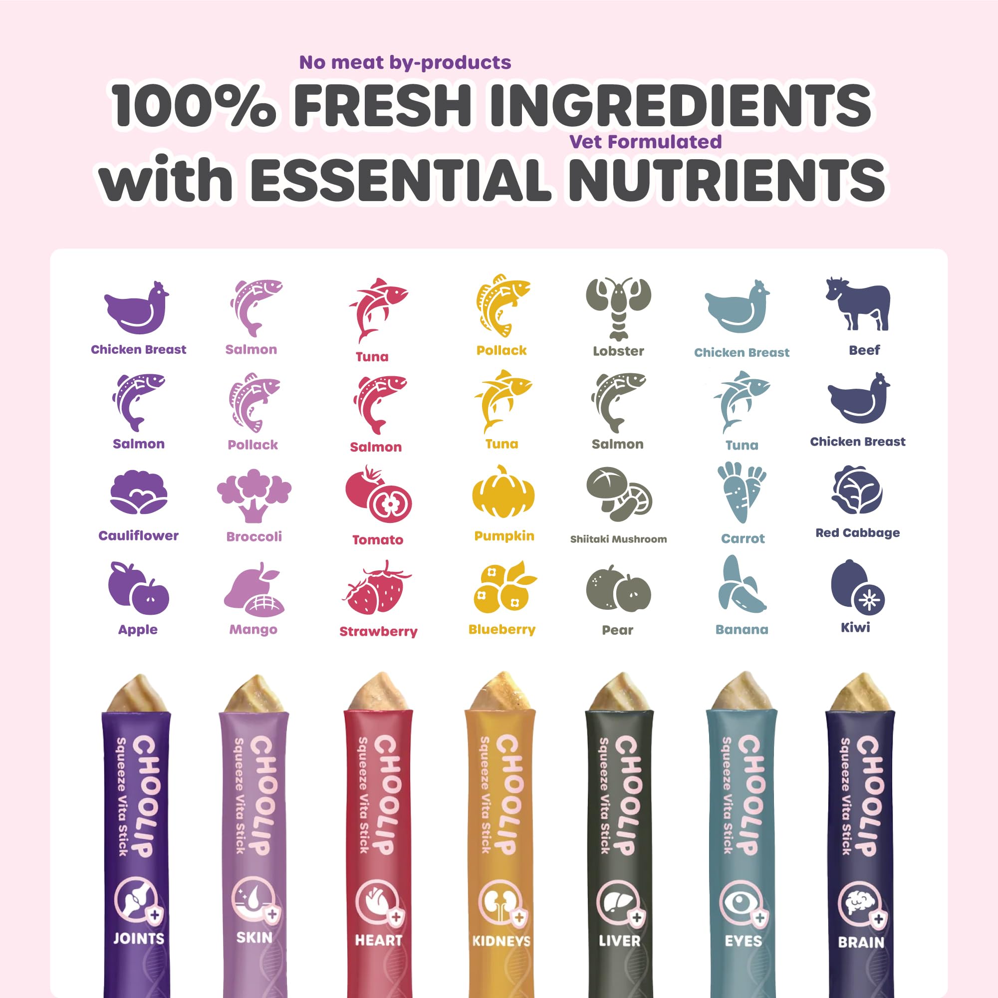 Choolip Squeeze Vita Stick, ingredientes reales, promueve nutrición limpia para gatos y perros.